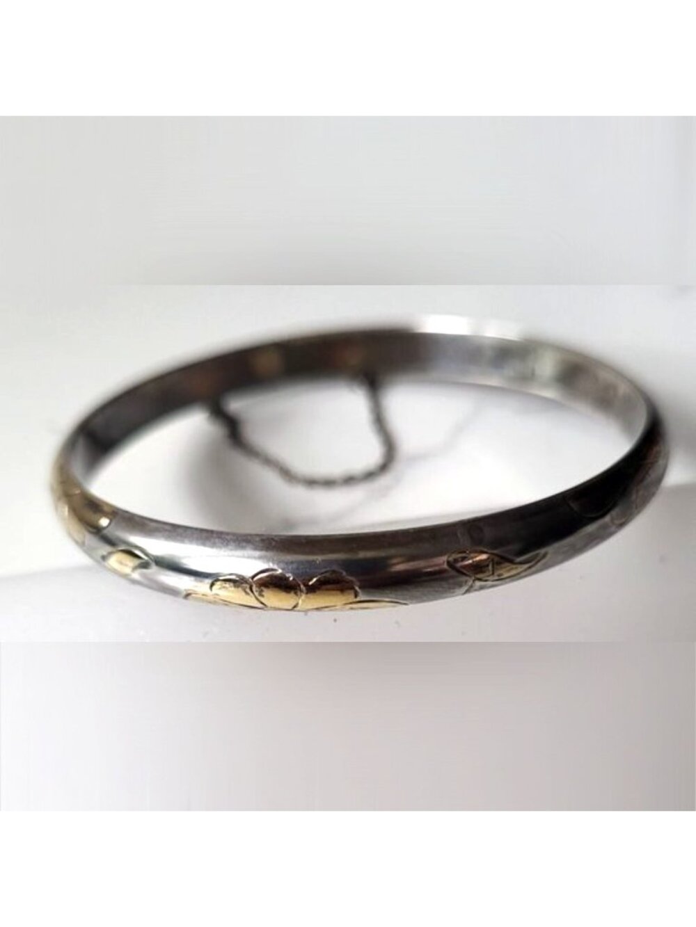 Vintage Sterling Silver 925 Two-Tone Hinged Bangle Bracelet